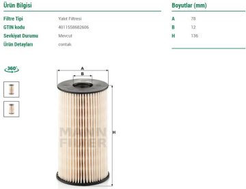 Volkswagen Mazot Yakıt Filtresi Vw 04- Sonrası Caddy (Passat B7) Leon Superb Octavia Audi A3 Skoda Yeti BKD-BLS-CAYB-CAYC-BJB 1,6 TDİ-1,9 TDİ-2,0 TDİ 3C0127434 3C0127177 Mann PU825X ZA-25