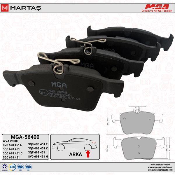 Volkswagen ARKA FREN BALATA TAKIMI 13-SONRASI GOLF7 AUDİ PASSAT LEON MGA 56400 5G0698451 3Q0698451 8V0698451