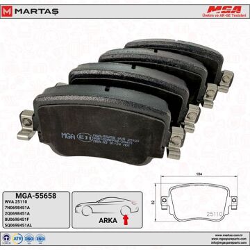 ARKA FREN BALATA TAKIMI 16- CADDY GOLF PASSAT POLO OCTAVİA LEON MGA 55658 2K5698451 5Q0698451 7N0698451