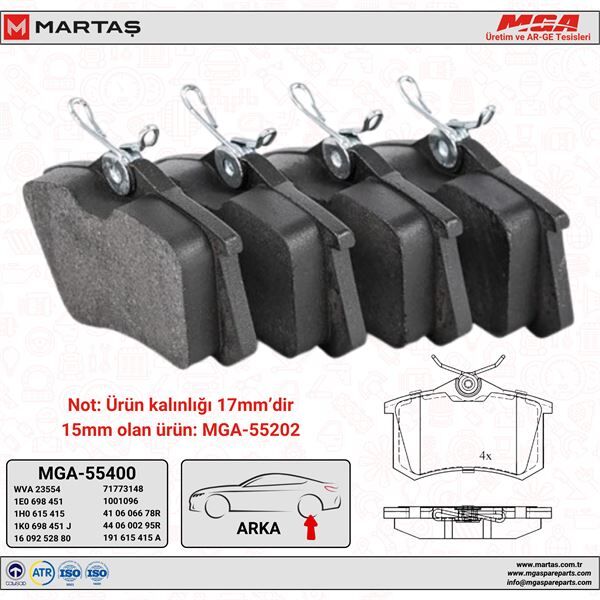 Volkswagen ARKA FREN BALATA TAKIMI GOLF4 BORA PASSAT LEON JETTA İBİZA AUDİ MGA 55400 1J0698451 1H0698451 1K0698451J 8E0698451A