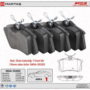 Volkswagen ARKA FREN BALATA TAKIMI GOLF4 BORA PASSAT LEON JETTA İBİZA AUDİ MGA 55400 1J0698451 1H0698451 1K0698451J 8E0698451A