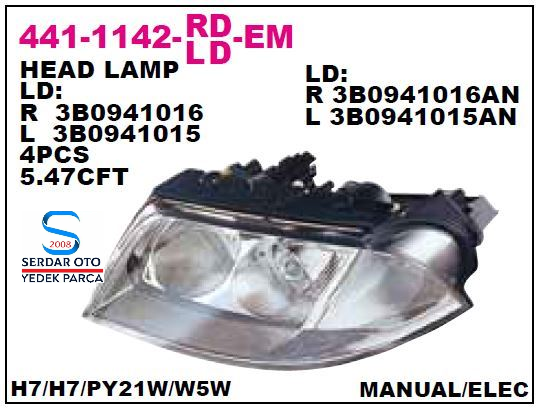 Volkswagen Passat Ön Far Sağ Elektirikli 01-05 Arası Depo 441-1142R LDEM 3B0941016AN D1-F2