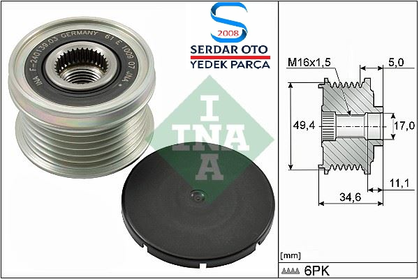 Alternatör Şarj Kasnağı GOLF5-JETTA-PASSAT-POLO-A3-LEON 04- BSE-BLF-BLG-CAXA-CAVA-CBZB-CBZC 1,2 TSI-1,4 TSi-1,6-1,6 FSi İNA535015510 03C903119F 04C903119 ZC-38