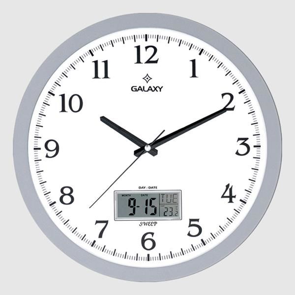 DUVAR SAATİ GRİ ÇERÇEVELİ 35.5CM TAKVİMLİ TERMOMETRELİ HİGROMETRELİ ANALOG VE DİJİTAL GÖSTERGELİ AMERİKAN BRİSTOL KADRAN AKAR SANİYELİ MEKANİZ METALİK AKREP/YELOKOVAN/SANİYE MİNERAL CAM