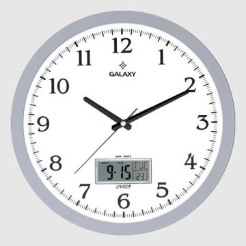 DUVAR SAATİ GRİ ÇERÇEVELİ 35.5CM TAKVİMLİ TERMOMETRELİ HİGROMETRELİ ANALOG VE DİJİTAL GÖSTERGELİ AMERİKAN BRİSTOL KADRAN AKAR SANİYELİ MEKANİZ METALİK AKREP/YELOKOVAN/SANİYE MİNERAL CAM