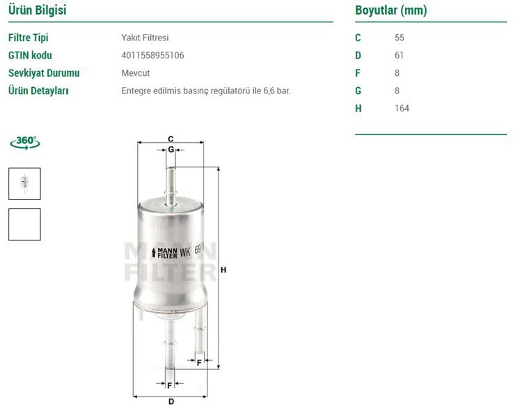 BENZİN YAKIT FİLTRESİ 4 BAR GOLF5 JETTA  POLO SCİROCCO SEAT LEON AUDİ PASSAT BLF 1K0201051C MANN WK69/2 1-54