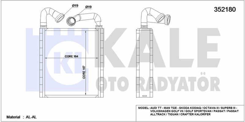 KALORİFER RADYATÖRÜ GOLF7 OCTAVİA SUPERB Audi DENSO TİPİ KALE 352180 5Q0819031A 3-k-üst