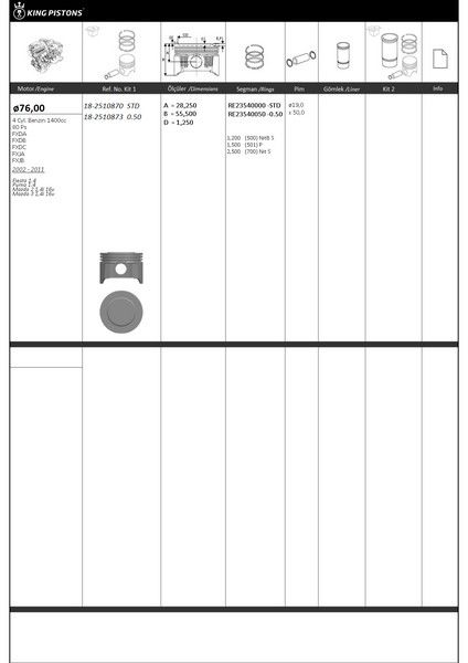 PİSTON KİTİ 1 76 STD FORD-MAZDA FİESTA 1.4 PUMA 1.4 MAZDA 2 14İ 16V MAZDA 3 14İ 16V FXDA-FXDB-FXDC -FXJA-FXJB