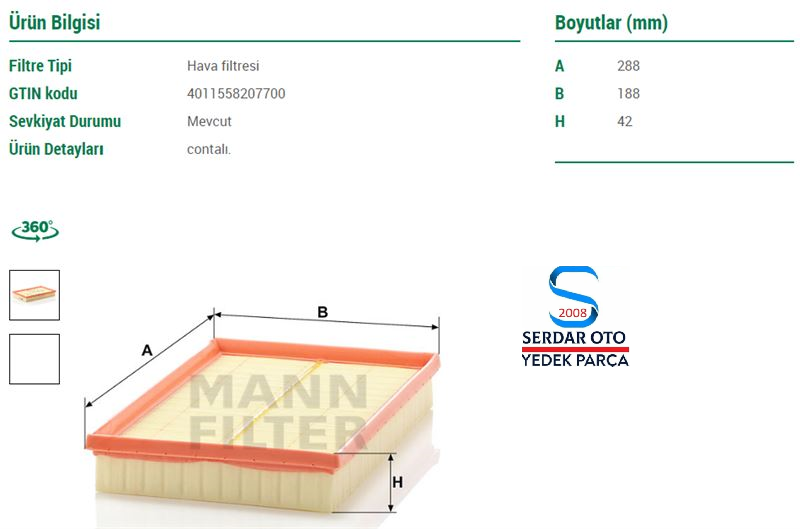VOLKSWAGEN HAVA FİLTRESİ GOLF4 BORA AUDİ A3 BBY-BKY-BBZ-BCB-CAXA 1,4 16V-1,6 16V-1,4 TSİ 01-MANNC2998/5X 036198620