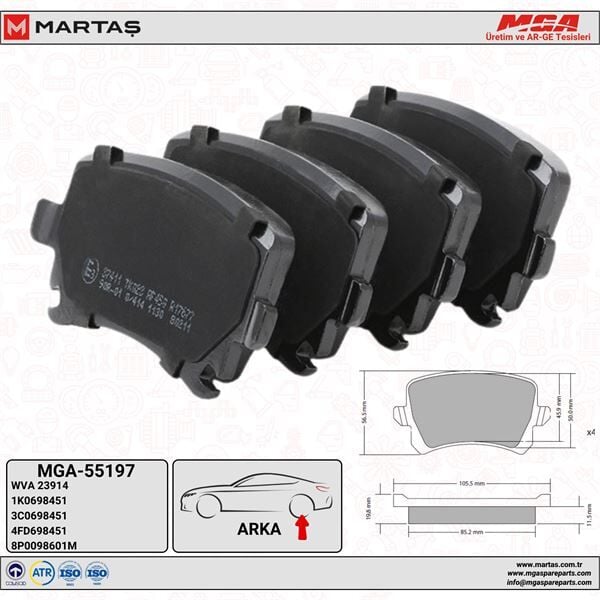 PASSAT GOLF CADDY AUDİ LEON TOURAN ARKA FREN BALATA TAKIMI MGA 55197 1K0698451P